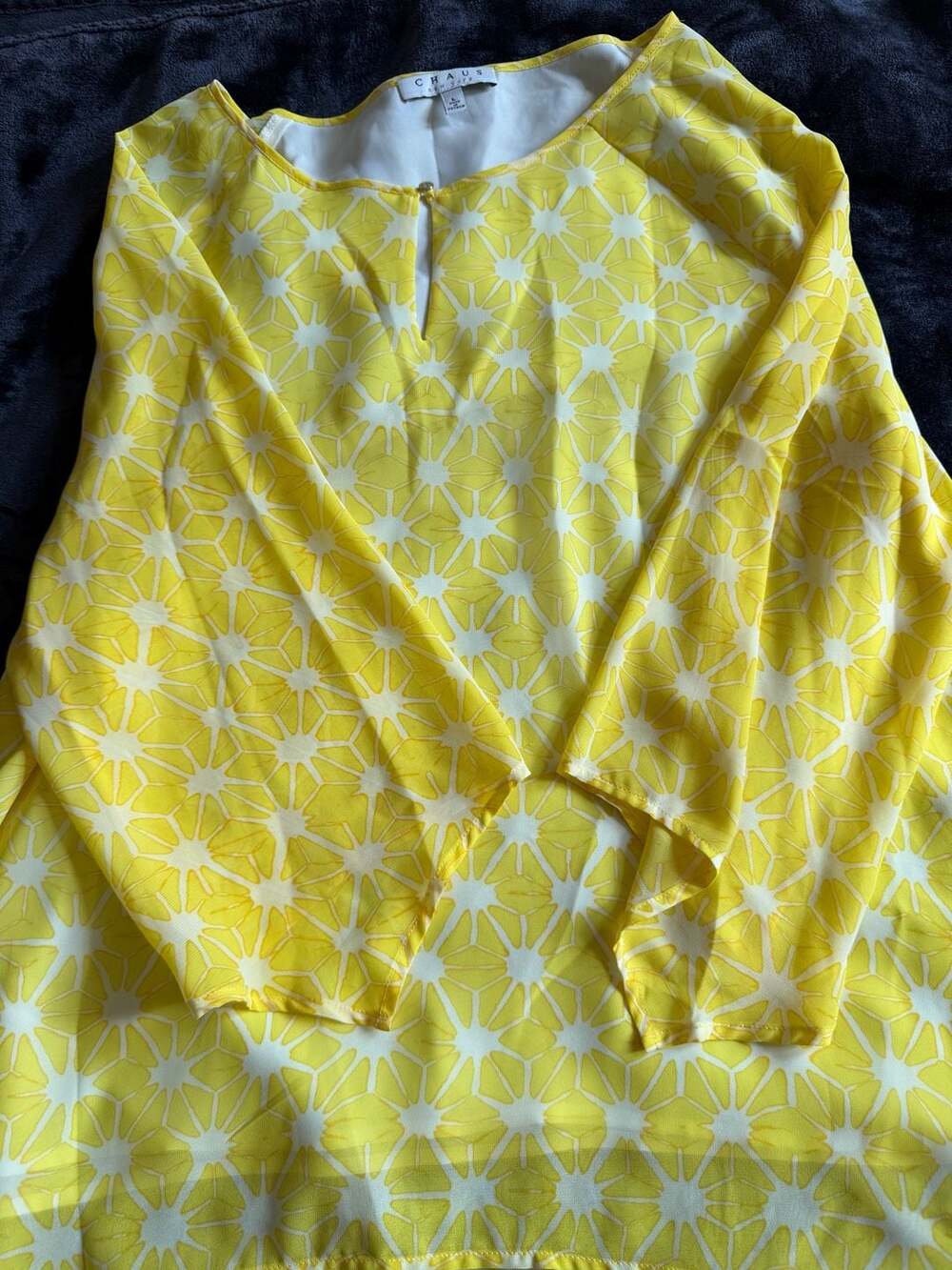 Chaus New York Yellow White Geometric Print 3/4 Sleeve Keyhole Blouse Size L